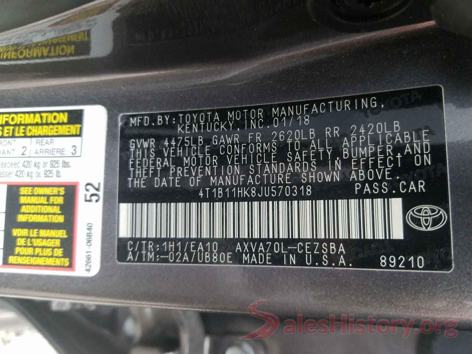 4T1B11HK8JU570318 2018 TOYOTA CAMRY