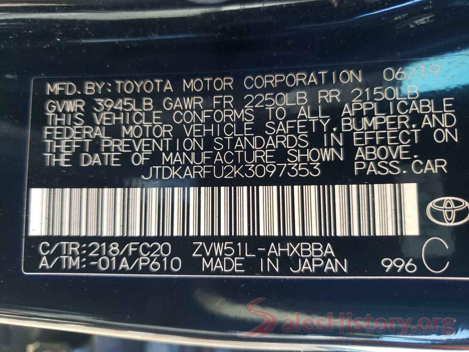 JTDKARFU2K3097353 2019 TOYOTA PRIUS