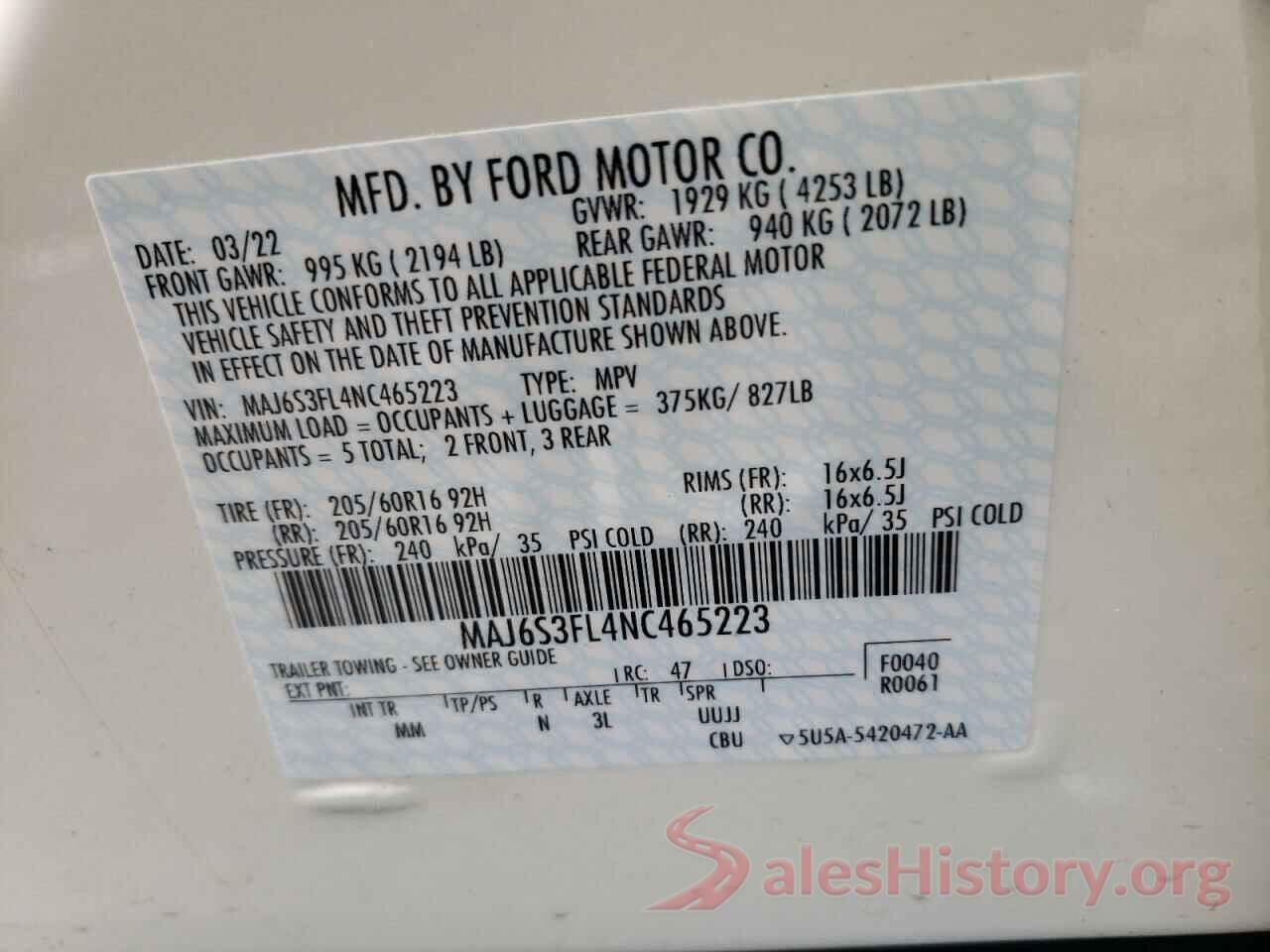 MAJ6S3FL4NC465223 2022 FORD ECOSPORT