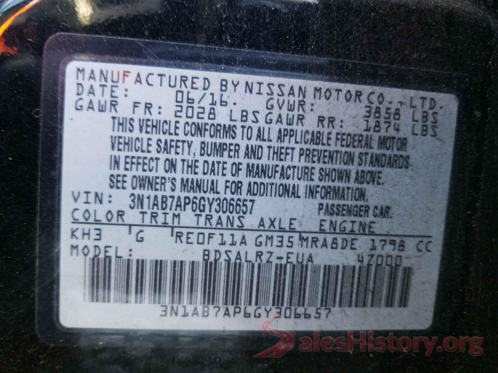 3N1AB7AP6GY306657 2016 NISSAN SENTRA