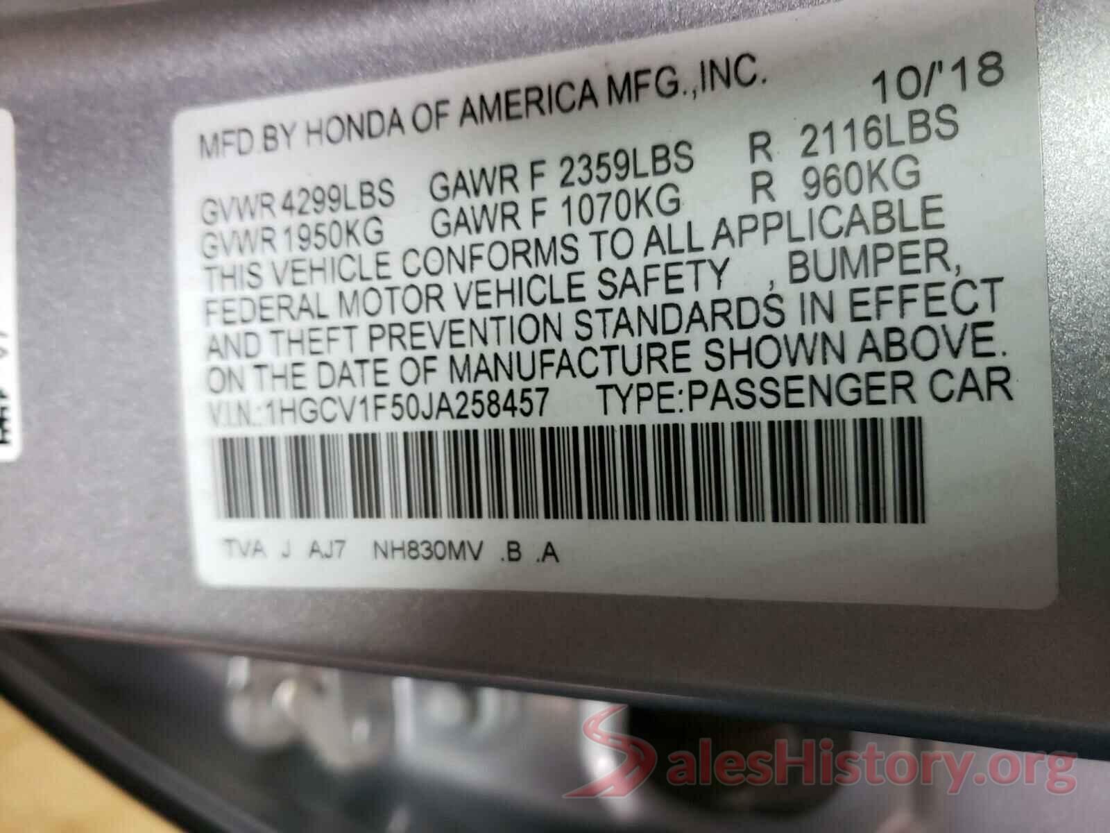 1HGCV1F50JA258457 2018 HONDA ACCORD