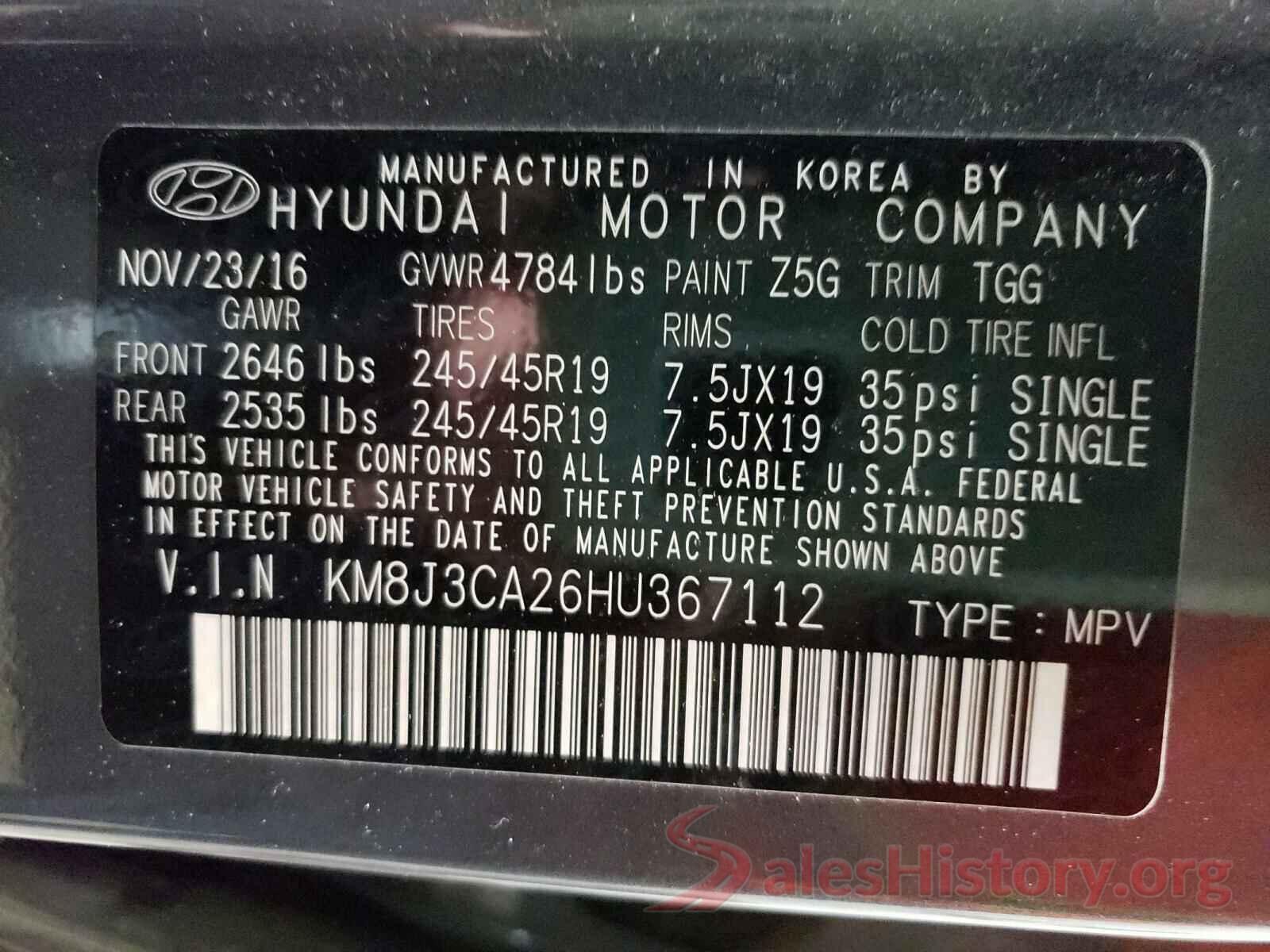 KM8J3CA26HU367112 2017 HYUNDAI TUCSON