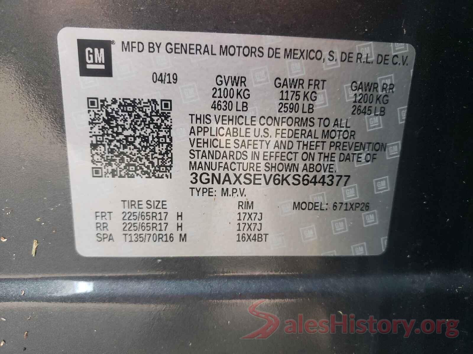 3GNAXSEV6KS644377 2019 CHEVROLET EQUINOX