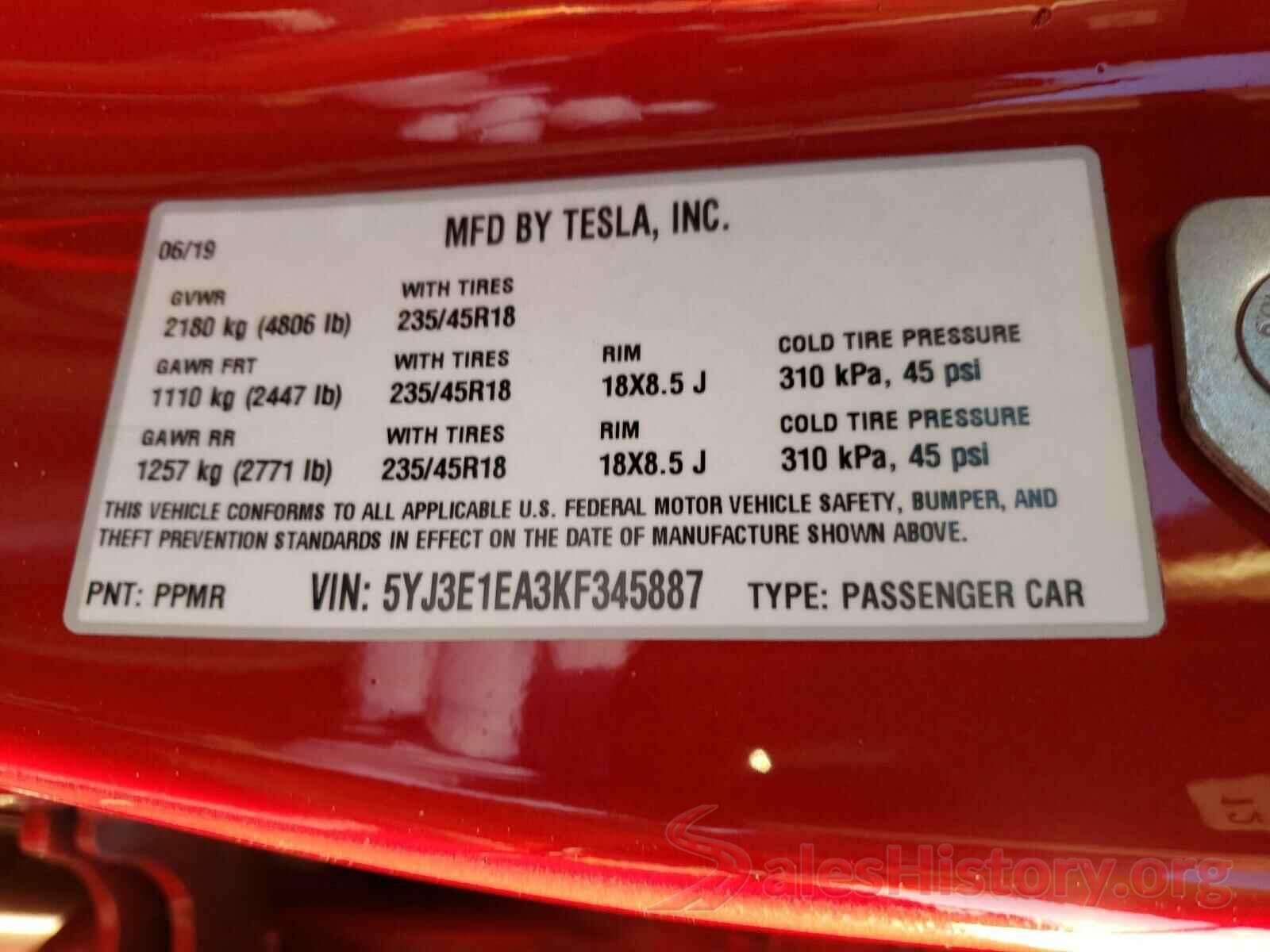 5YJ3E1EA3KF345887 2019 TESLA MODEL 3