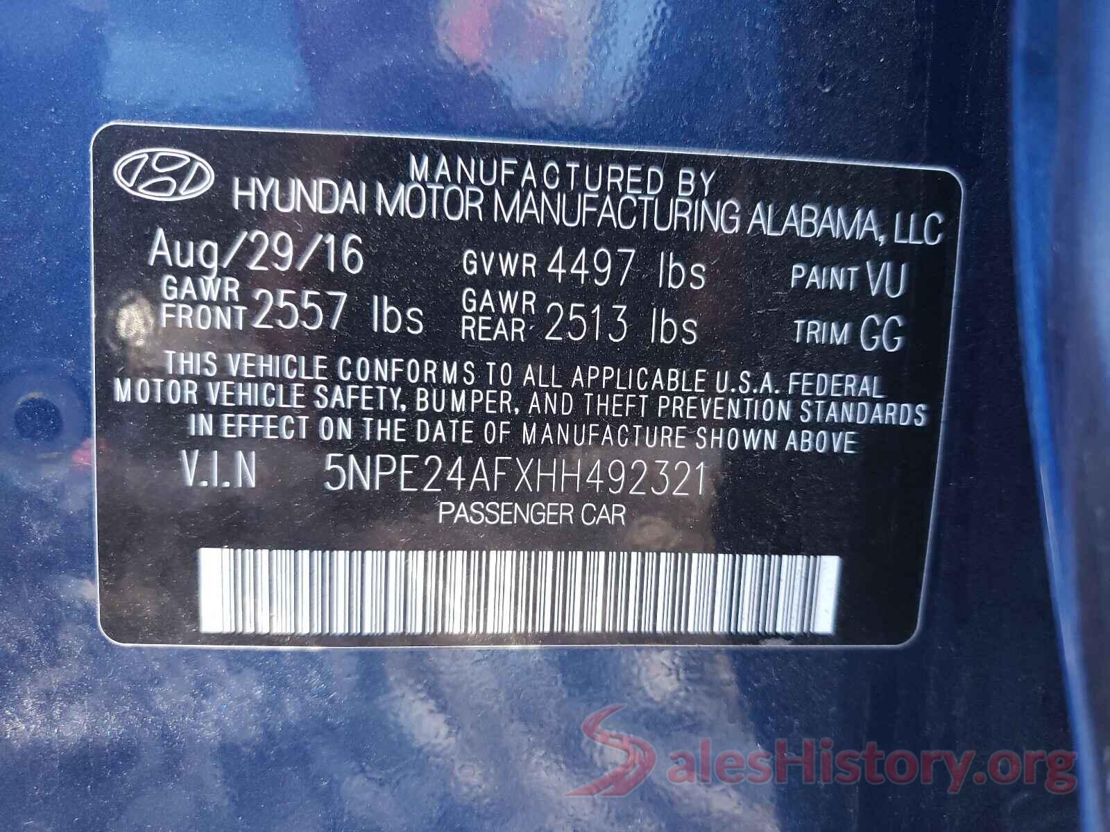 5NPE24AFXHH492321 2017 HYUNDAI SONATA