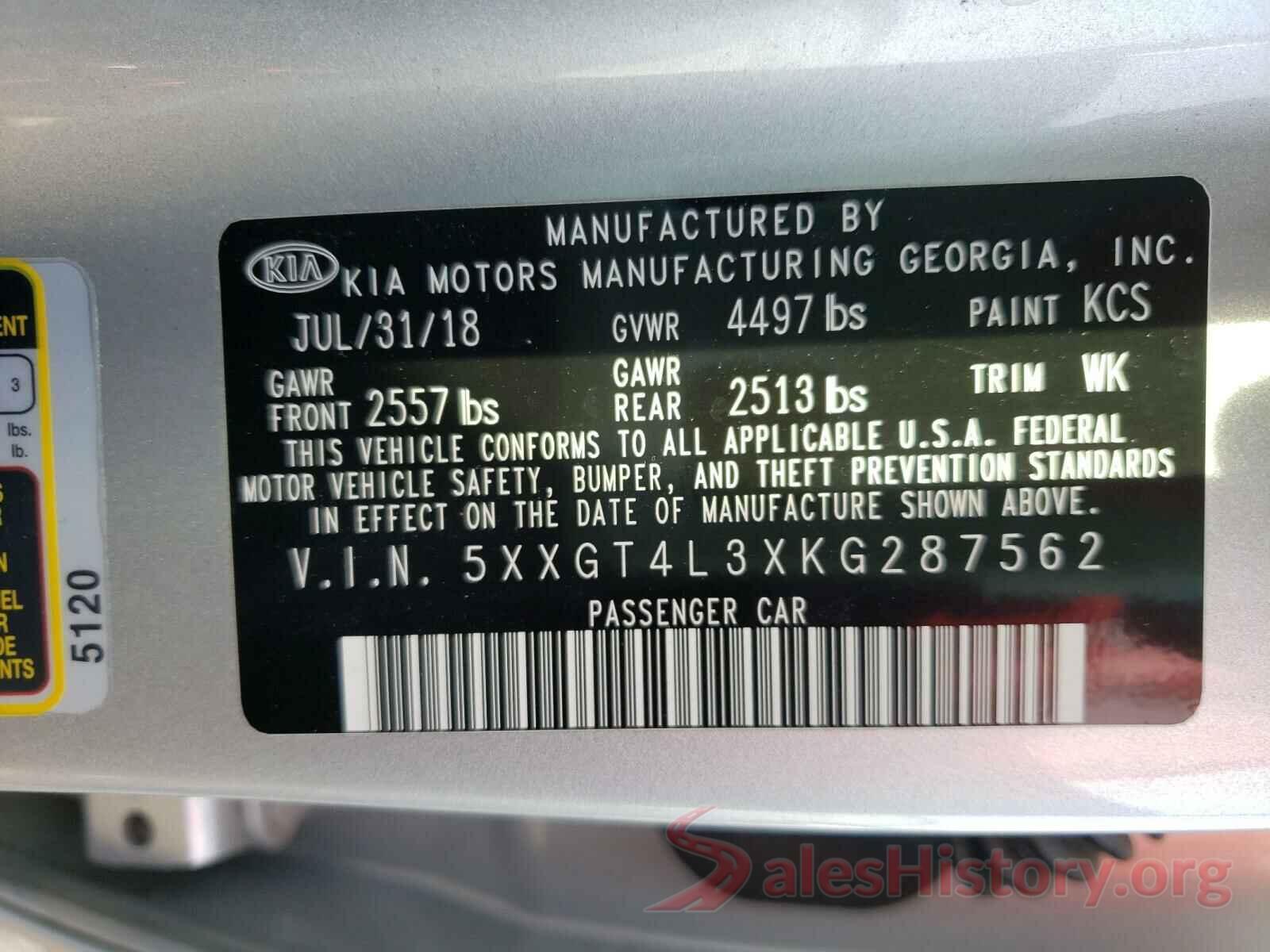 5XXGT4L3XKG287562 2019 KIA OPTIMA