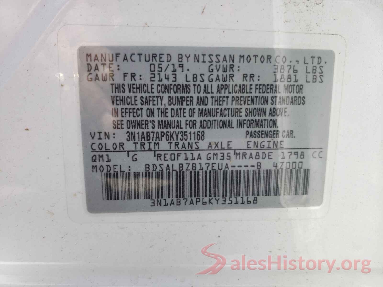 3N1AB7AP6KY351168 2019 NISSAN SENTRA