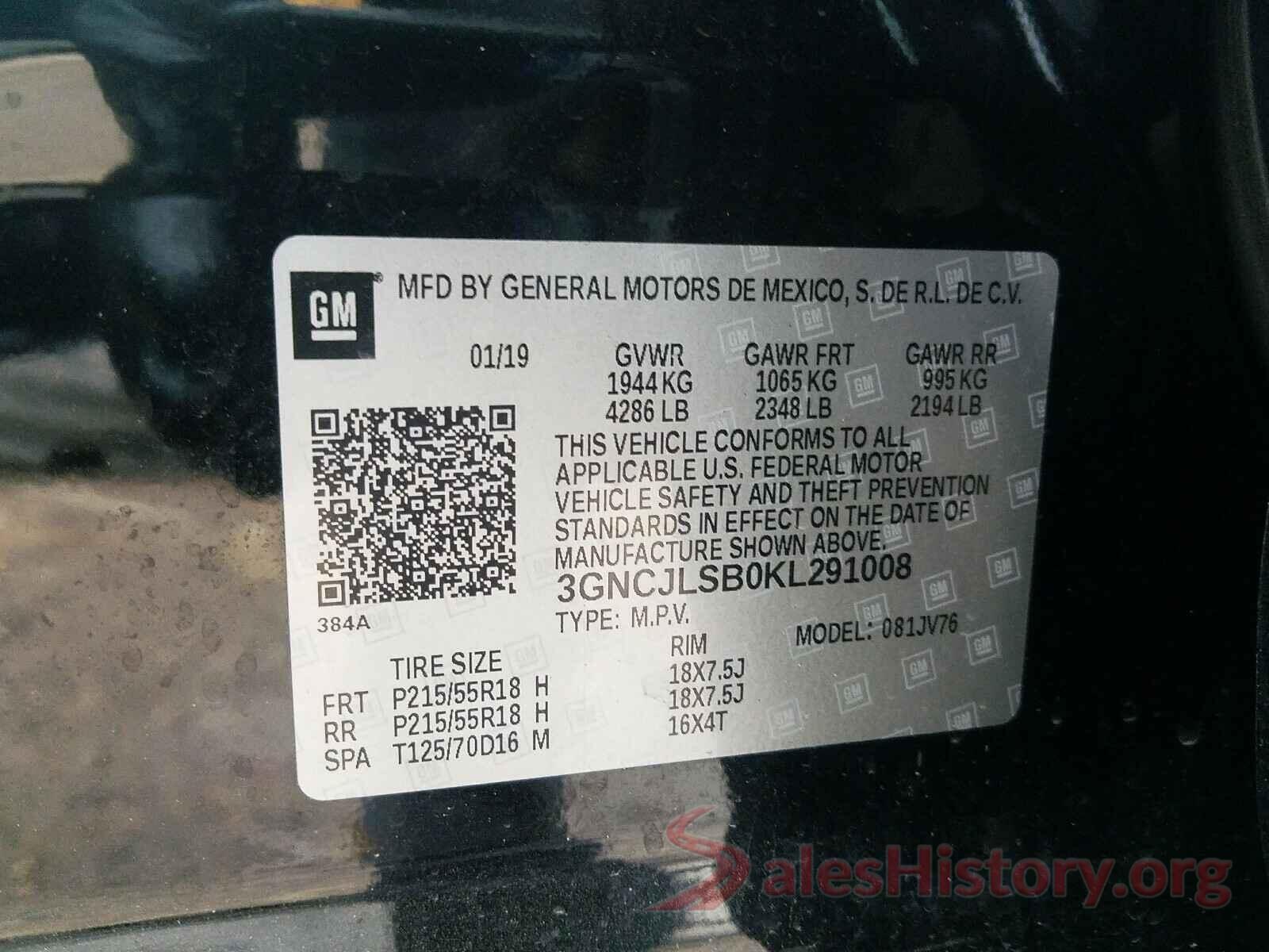 3GNCJLSB0KL291008 2019 CHEVROLET TRAX