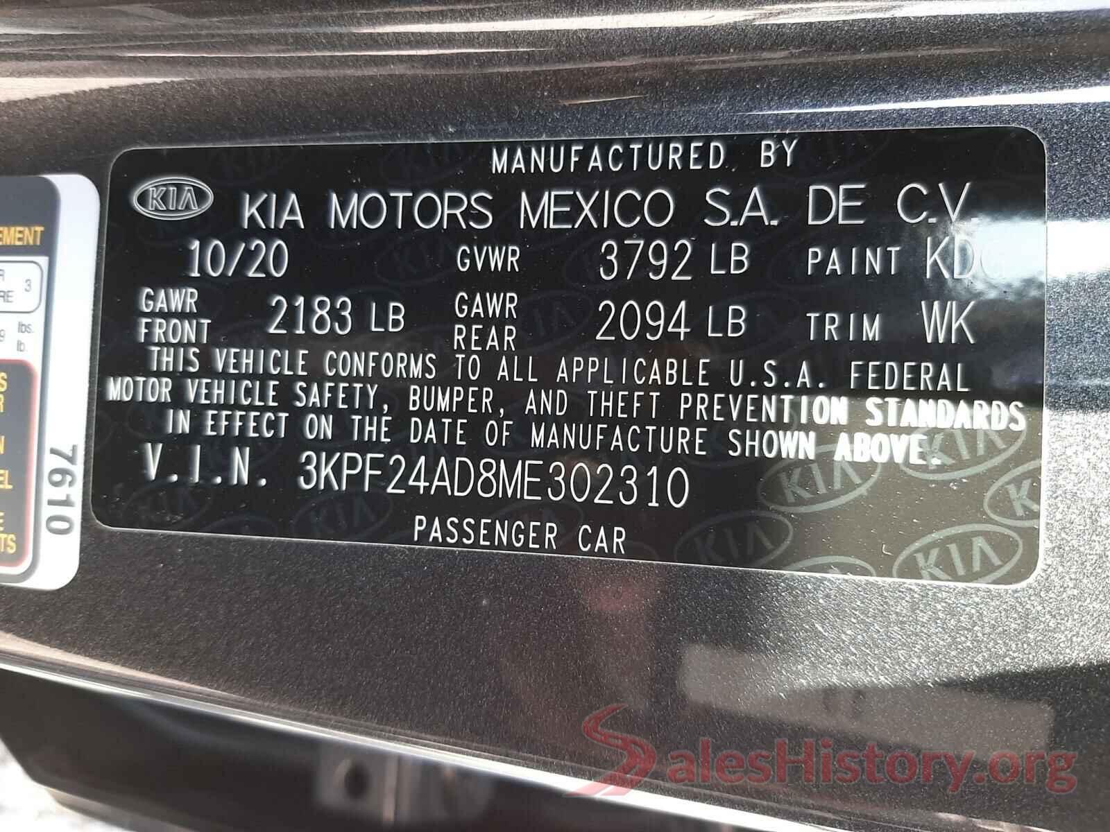 3KPF24AD8ME302310 2021 KIA FORTE