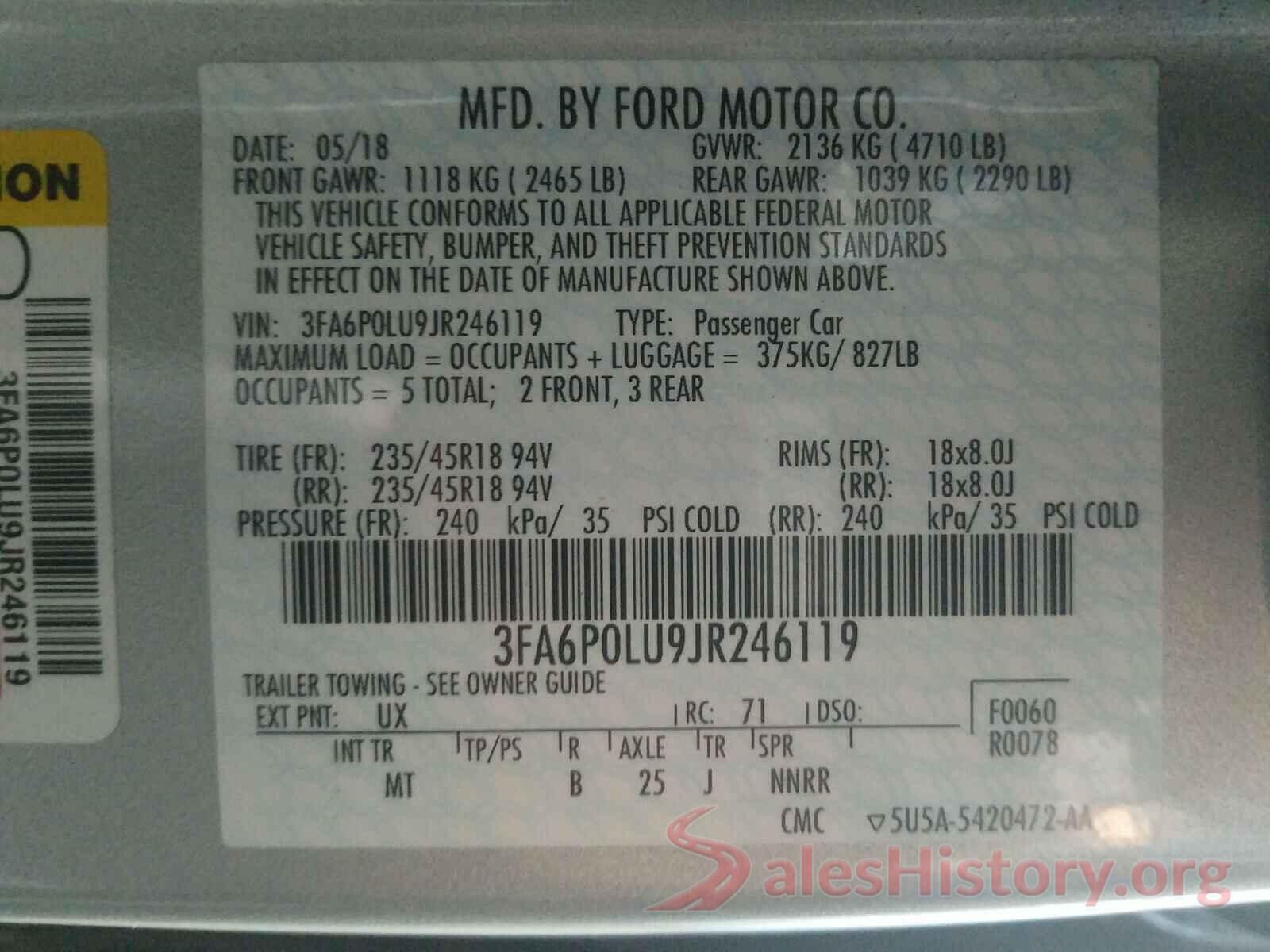 3FA6P0LU9JR246119 2018 FORD FUSION