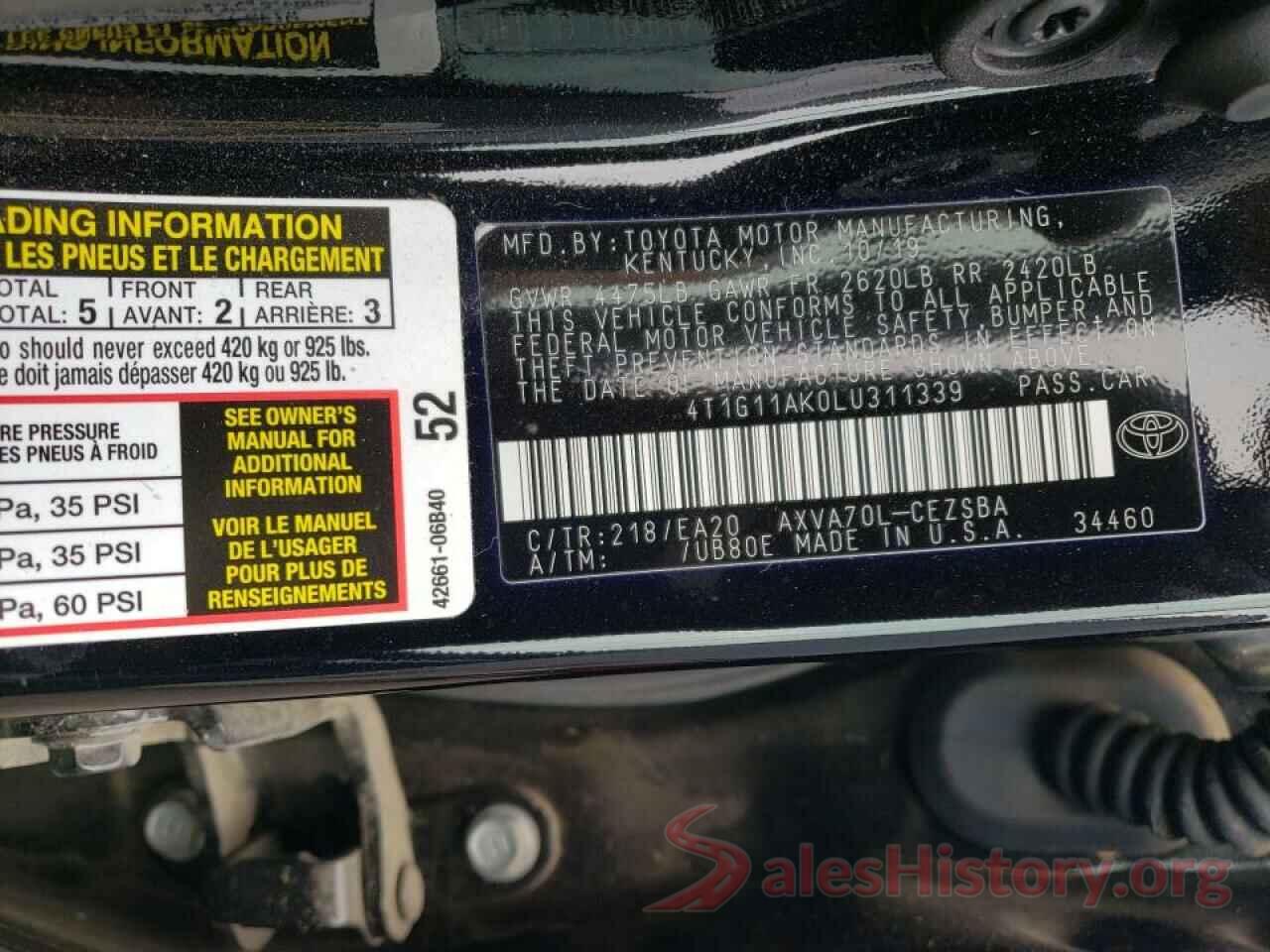 4T1G11AK0LU311339 2020 TOYOTA CAMRY