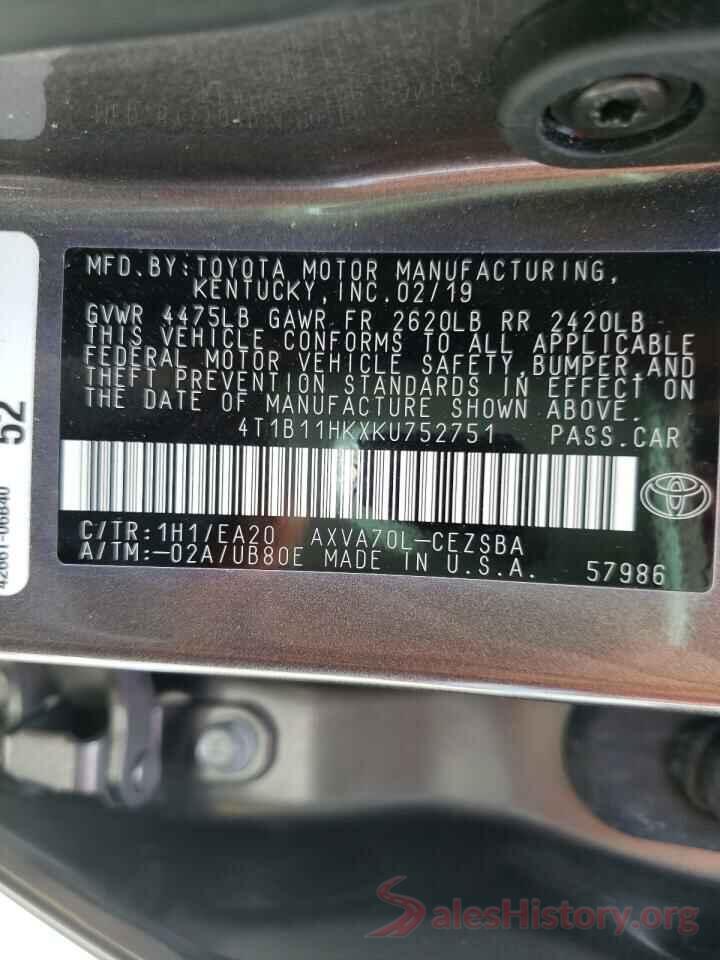 4T1B11HKXKU752751 2019 TOYOTA CAMRY