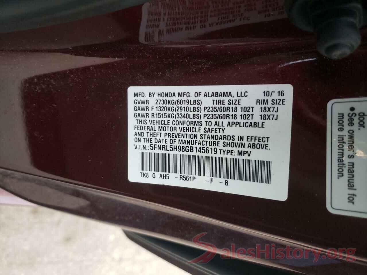 5FNRL5H98GB145619 2016 HONDA ODYSSEY