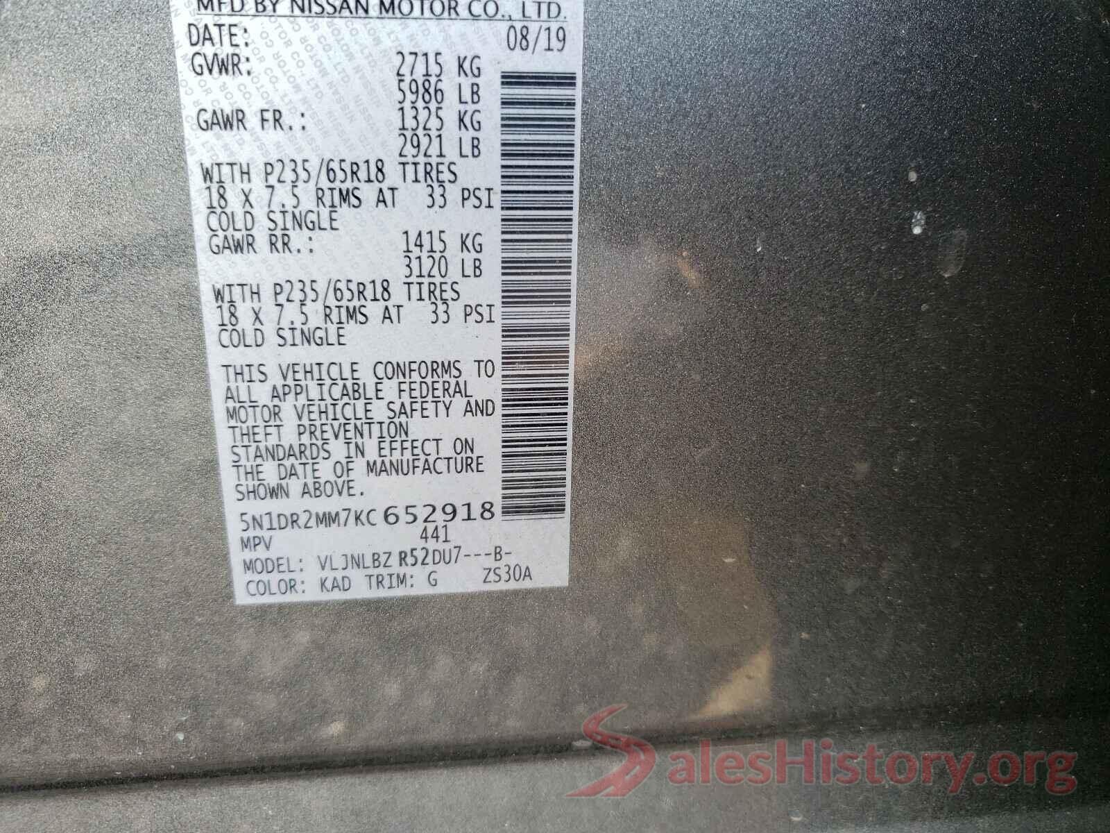 5N1DR2MM7KC652918 2019 NISSAN PATHFINDER