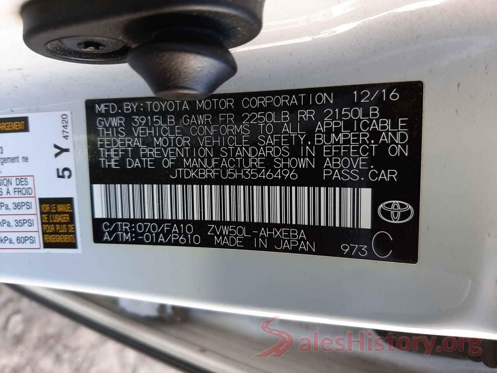 JTDKBRFU5H3546496 2017 TOYOTA PRIUS