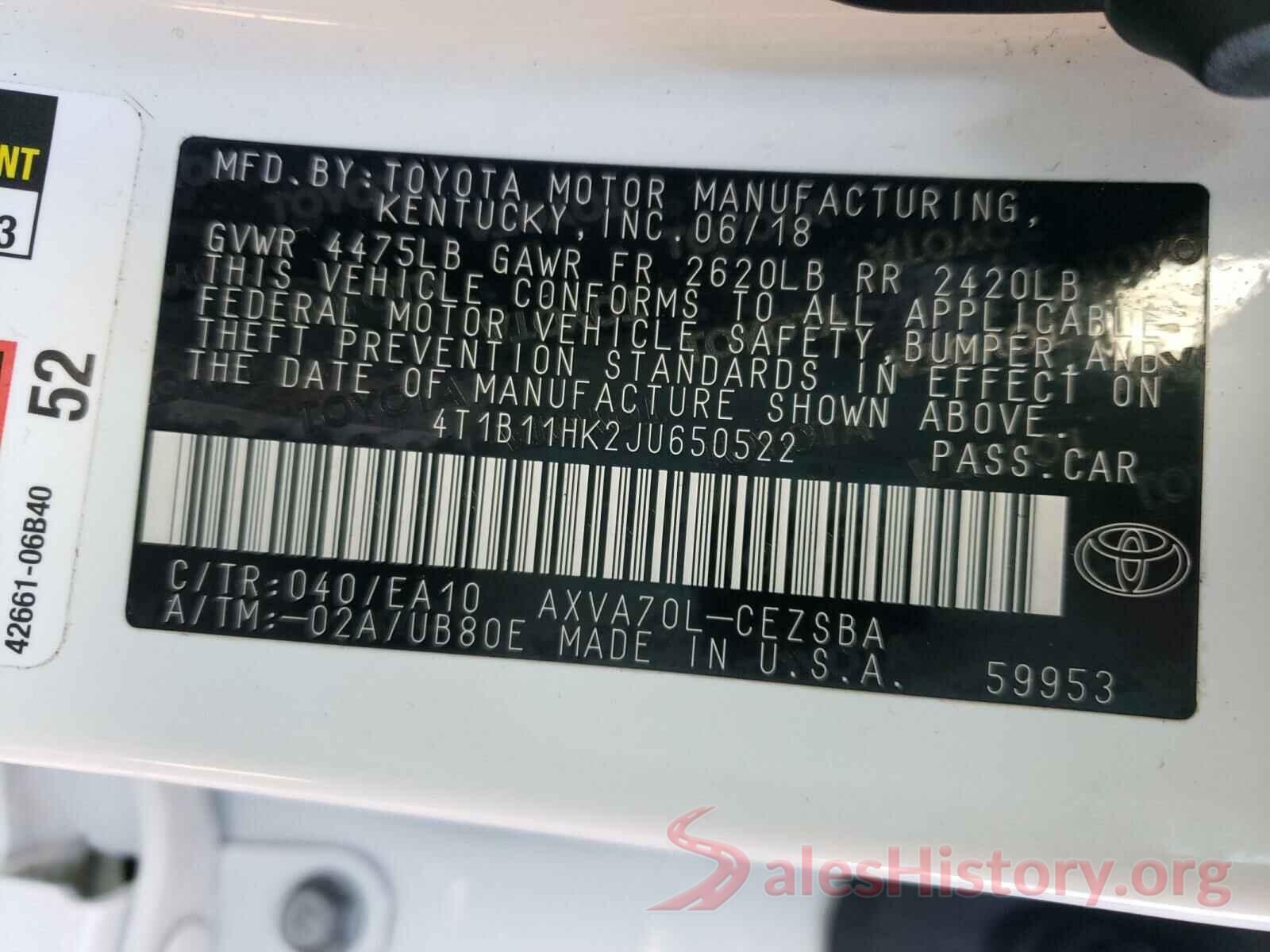 4T1B11HK2JU650522 2018 TOYOTA CAMRY