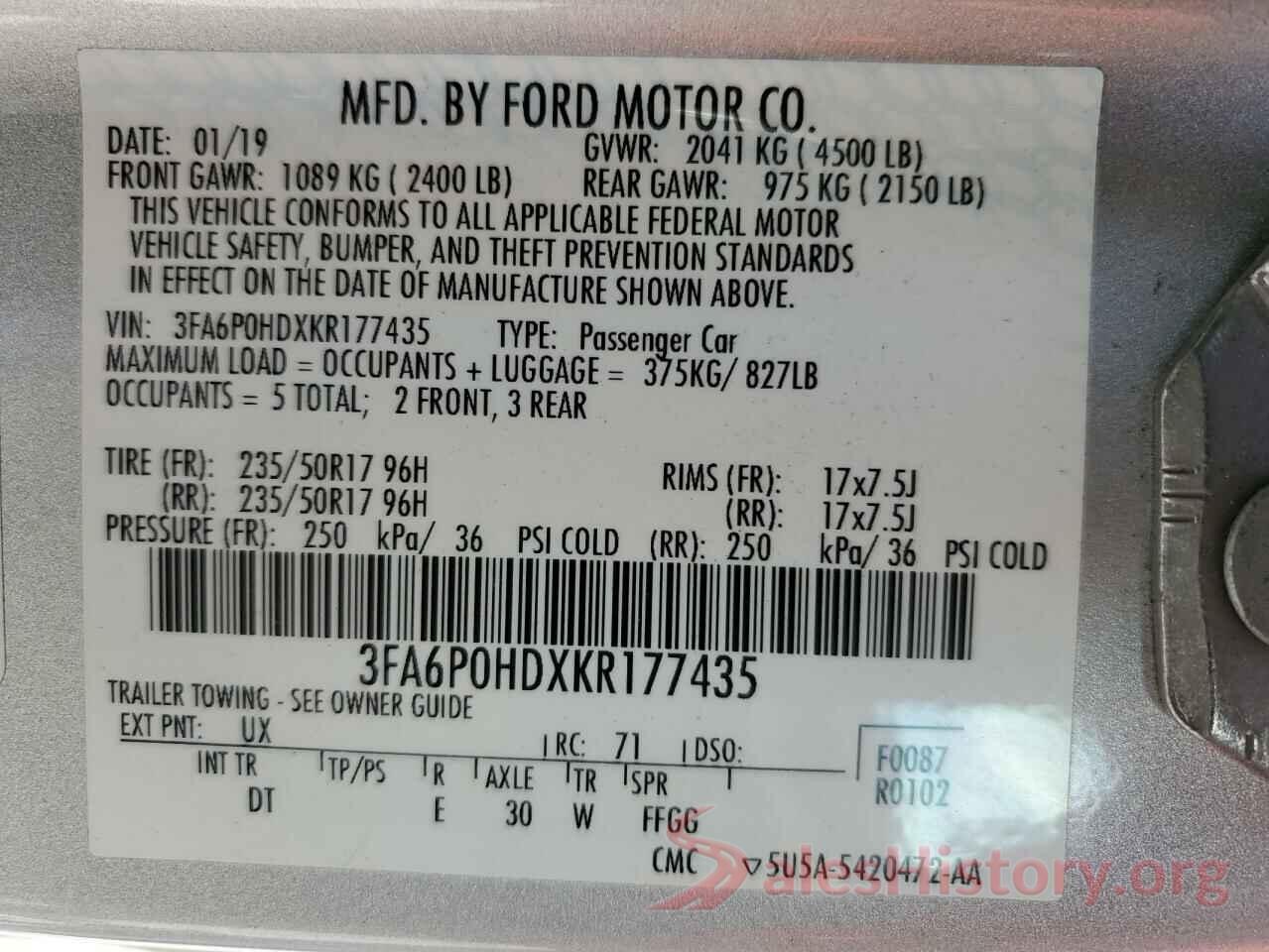 3FA6P0HDXKR177435 2019 FORD FUSION