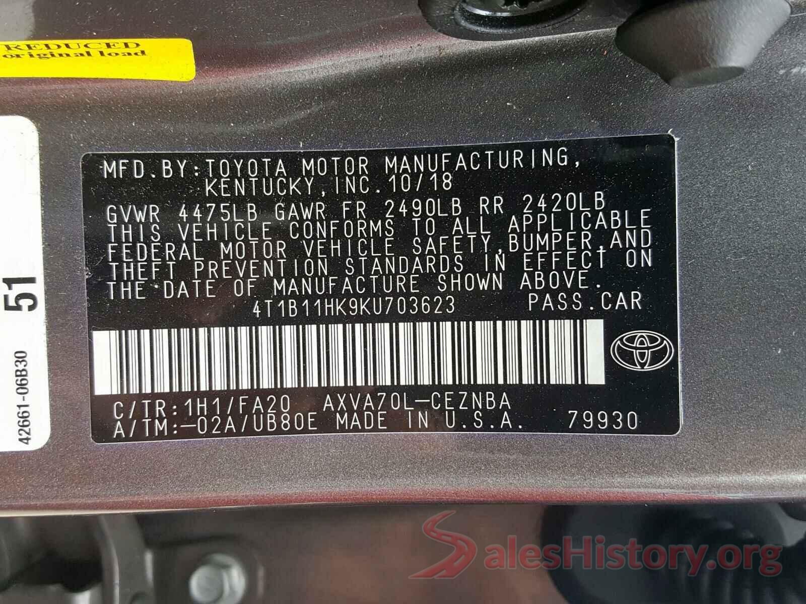 4T1B11HK9KU703623 2019 TOYOTA CAMRY