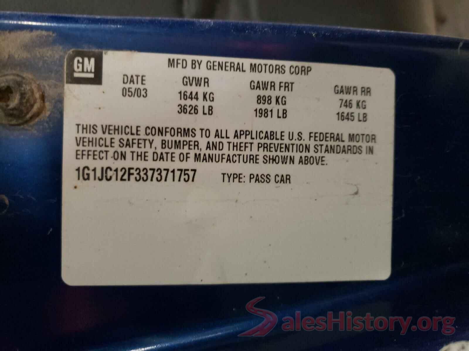 1G1JC12F337371757 2003 CHEVROLET CAVALIER