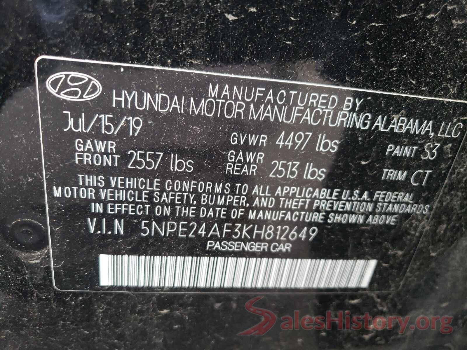 5NPE24AF3KH812649 2019 HYUNDAI SONATA