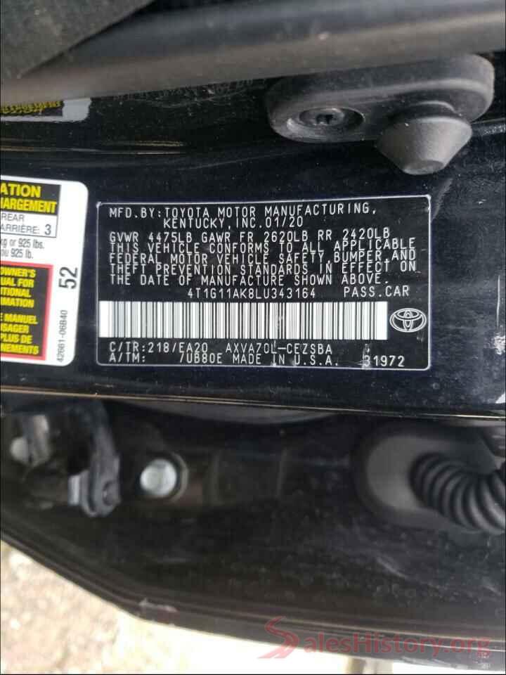 4T1G11AK8LU343164 2020 TOYOTA CAMRY