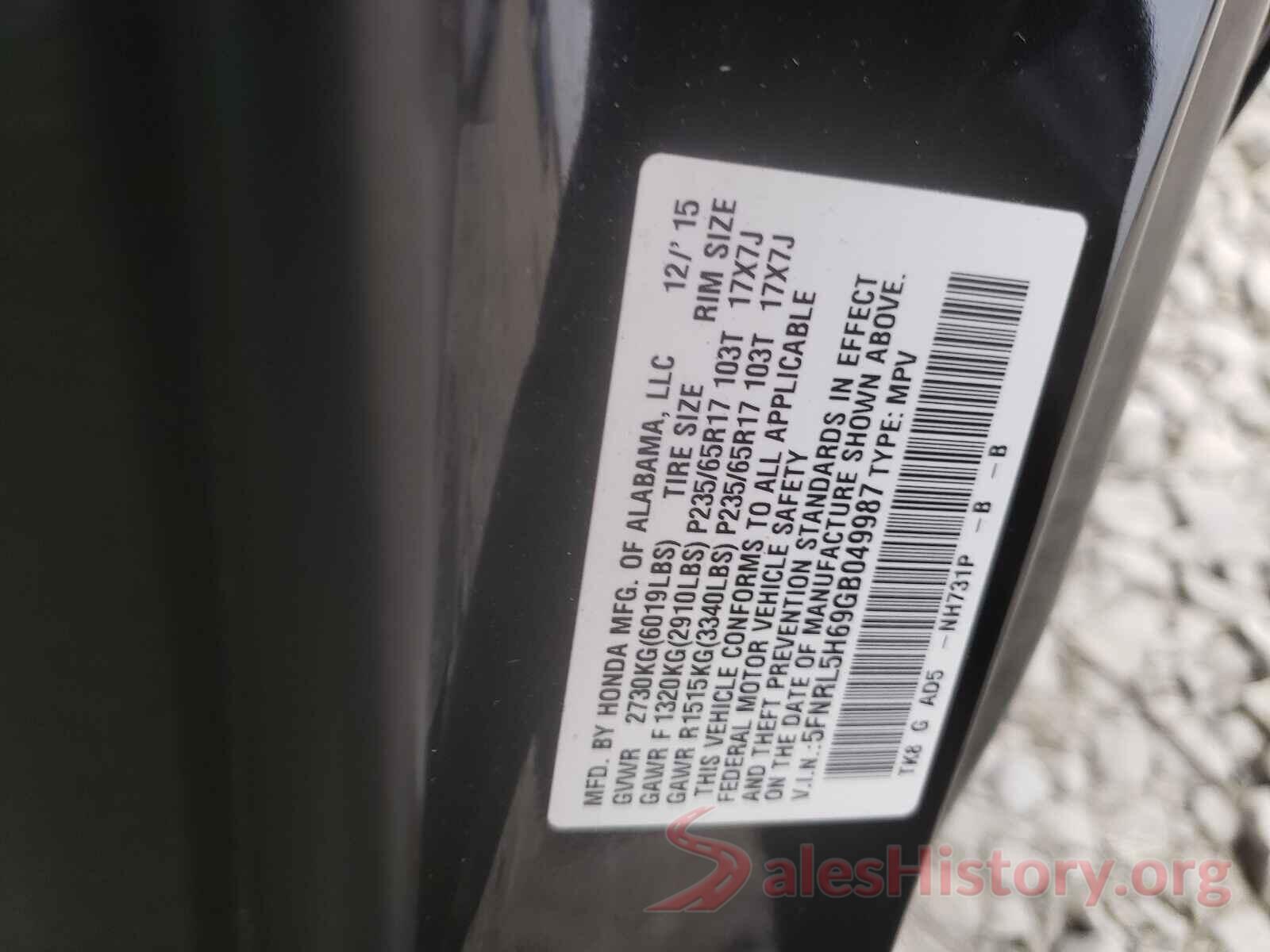 5FNRL5H69GB049987 2016 HONDA ODYSSEY