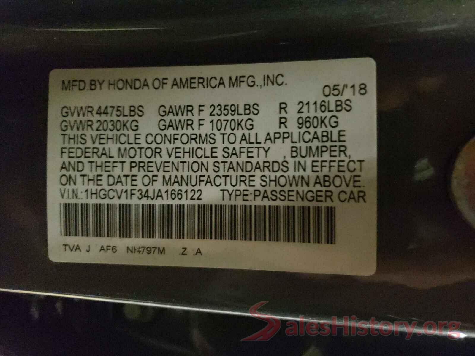 1HGCV1F34JA166122 2018 HONDA ACCORD