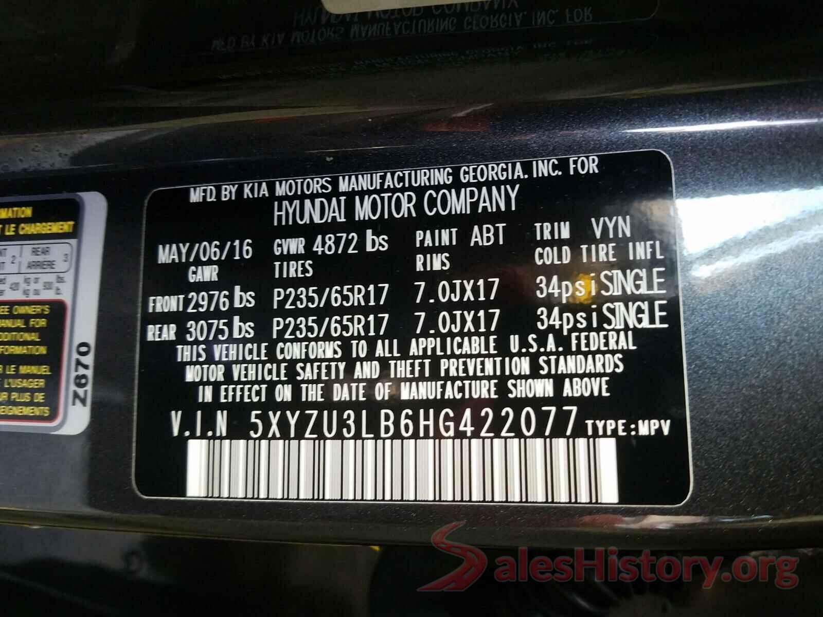 5XYZU3LB6HG422077 2017 HYUNDAI SANTA FE