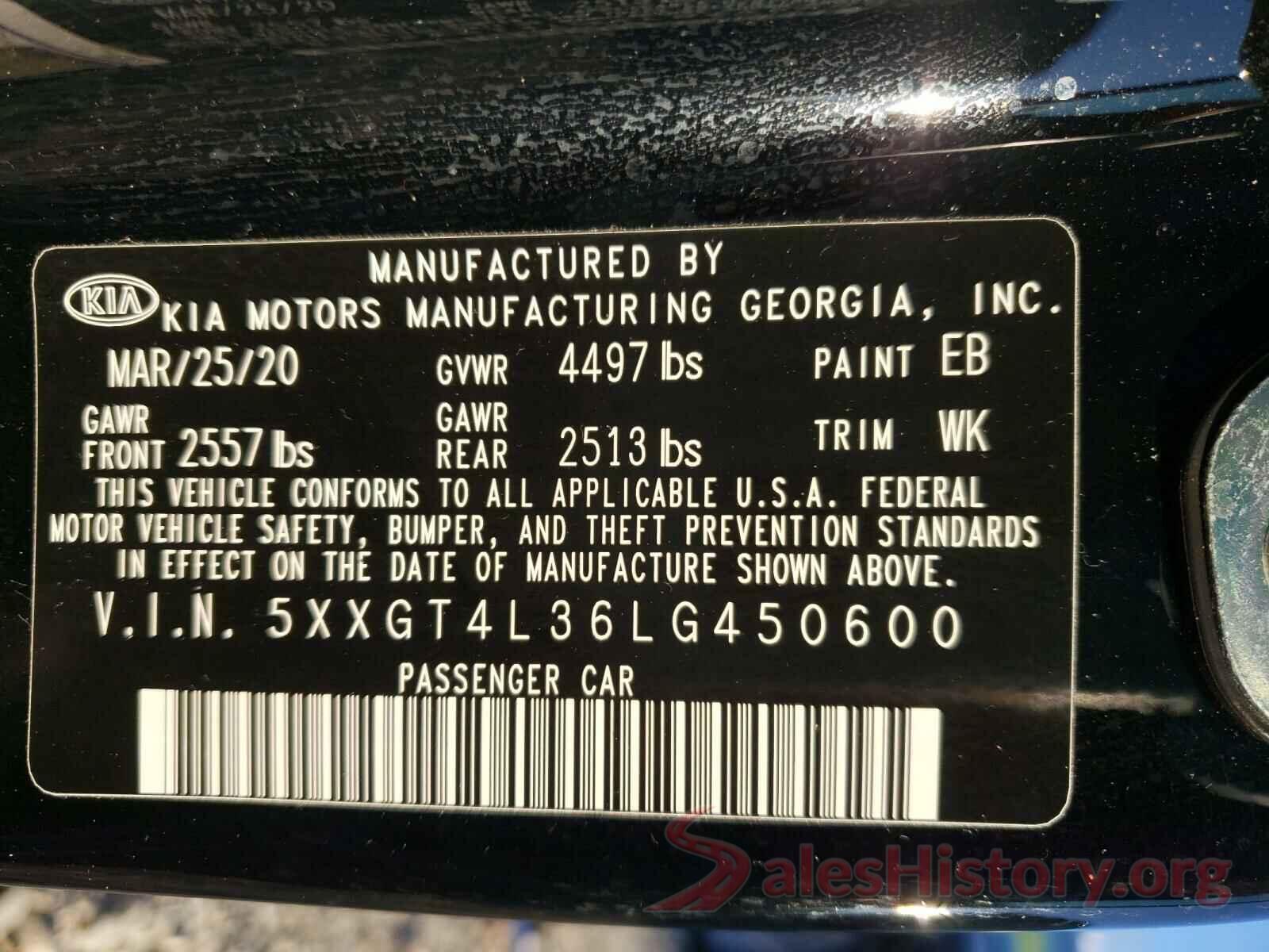 5XXGT4L36LG450600 2020 KIA OPTIMA