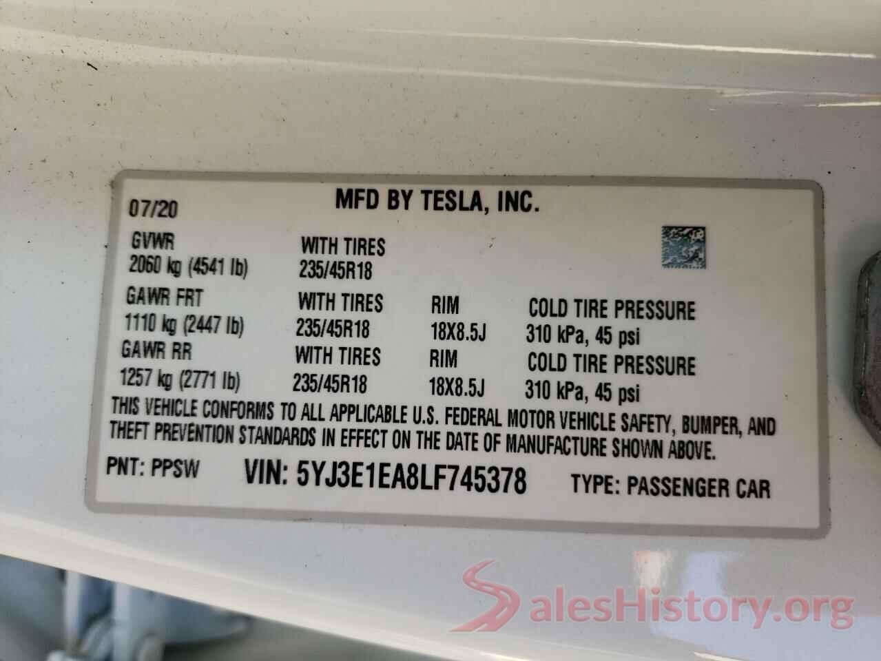 5YJ3E1EA8LF745378 2020 TESLA MODEL 3