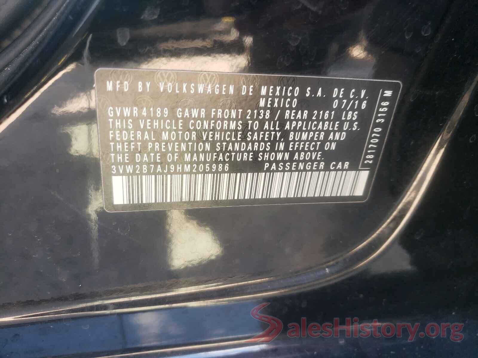 3VW2B7AJ9HM205986 2017 VOLKSWAGEN JETTA