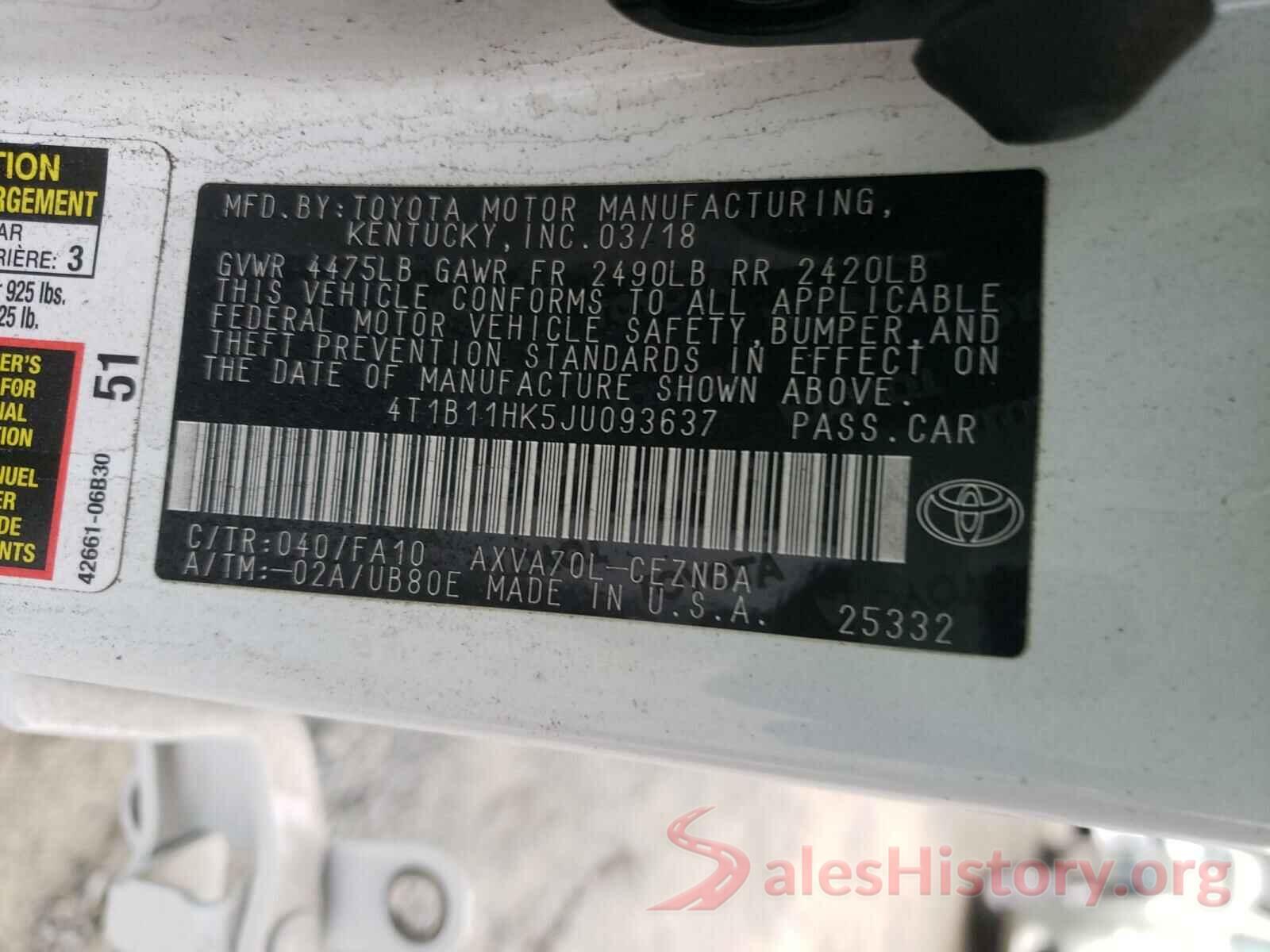 4T1B11HK5JU093637 2018 TOYOTA CAMRY