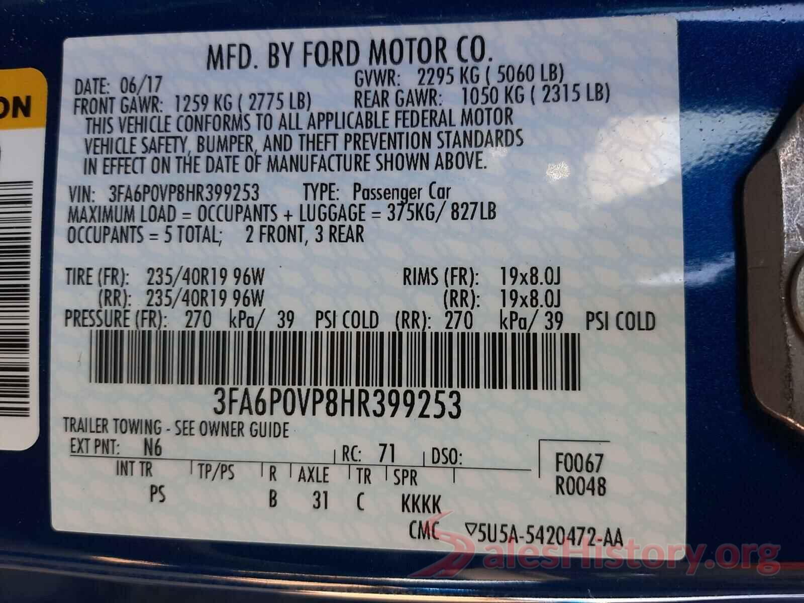 3FA6P0VP8HR399253 2017 FORD FUSION