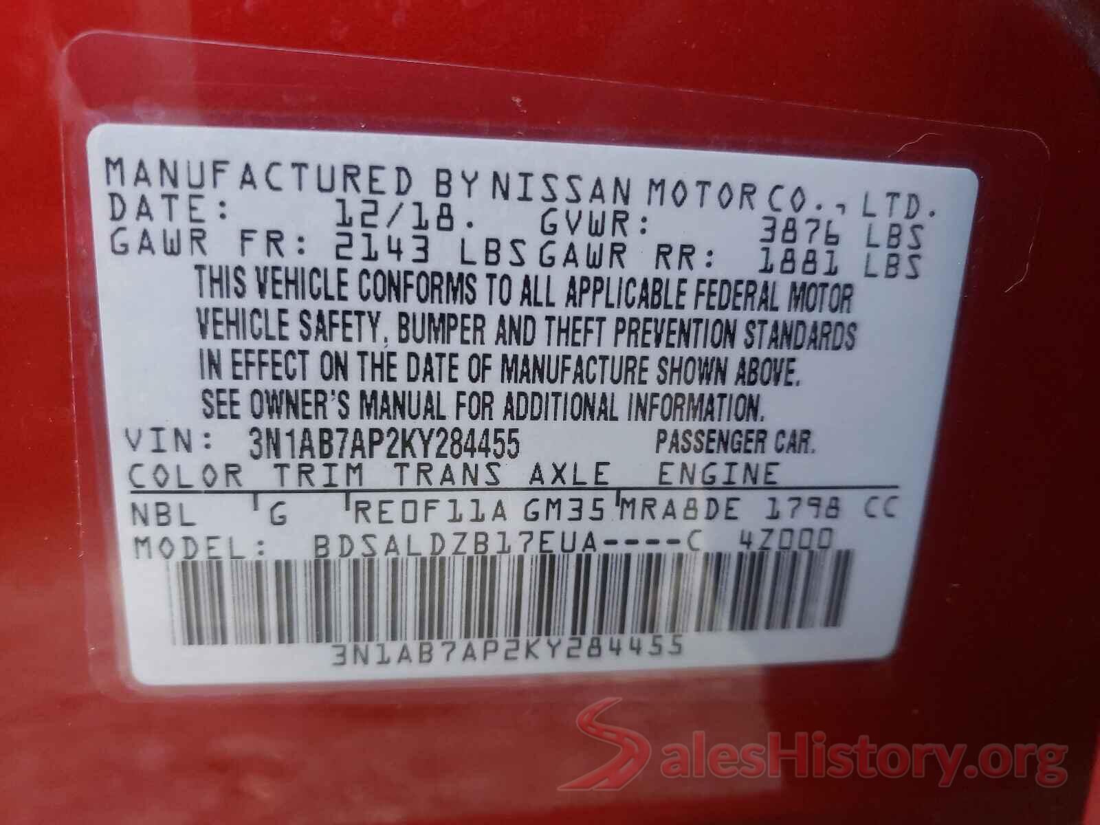 3N1AB7AP2KY284455 2019 NISSAN SENTRA