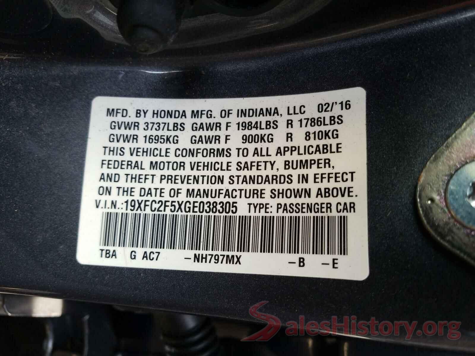 19XFC2F5XGE038305 2016 HONDA CIVIC