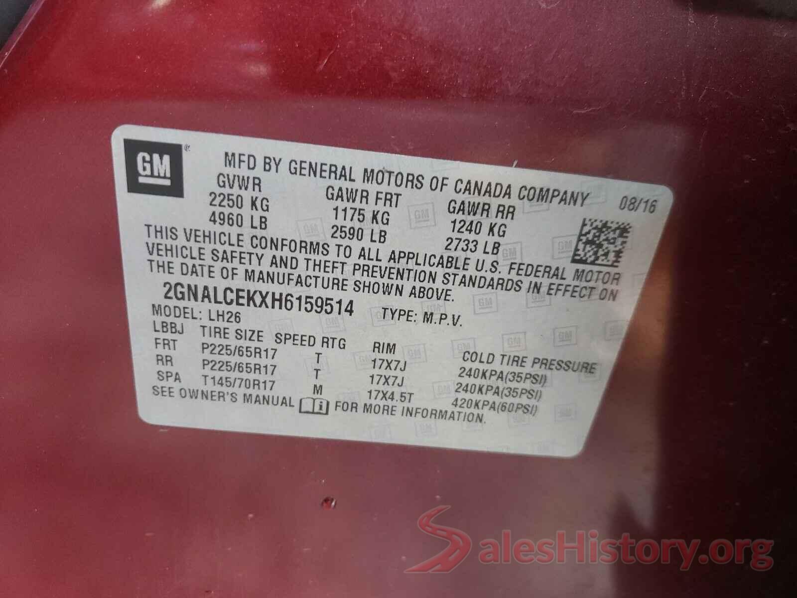 2GNALCEKXH6159514 2017 CHEVROLET EQUINOX