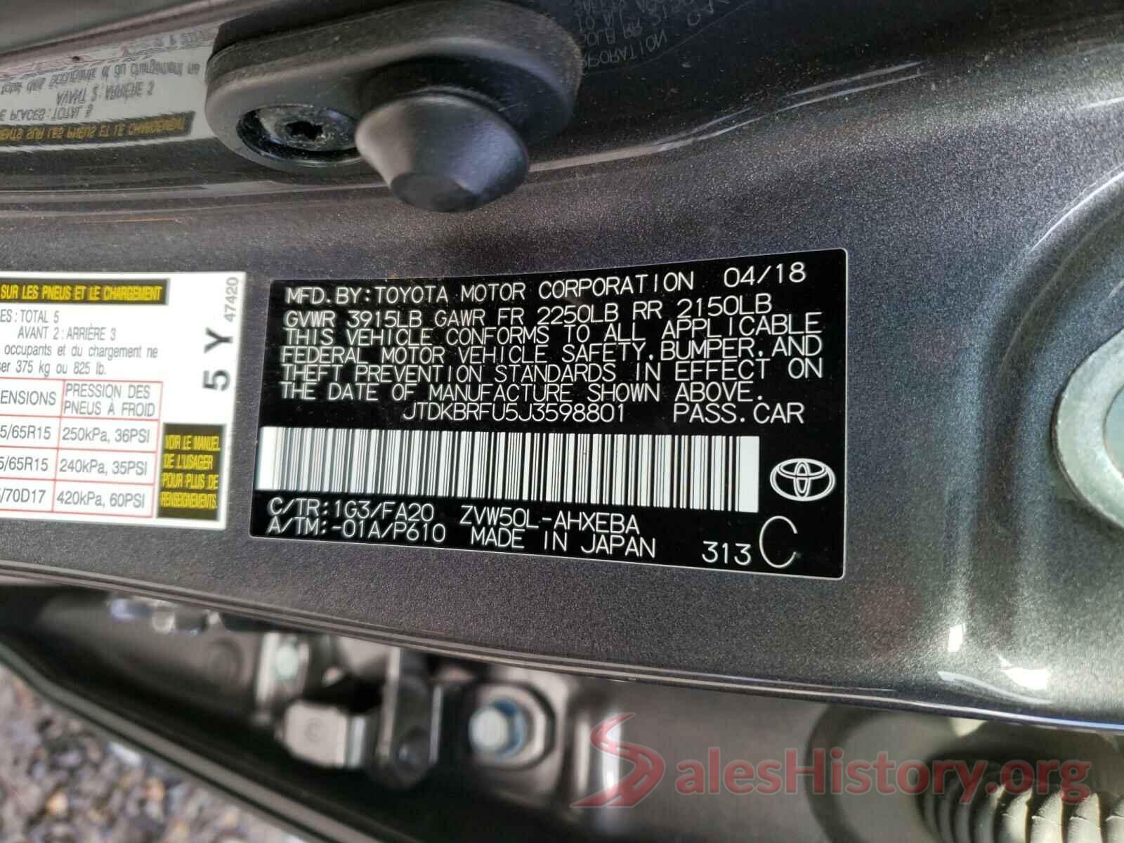 JTDKBRFU5J3598801 2018 TOYOTA PRIUS