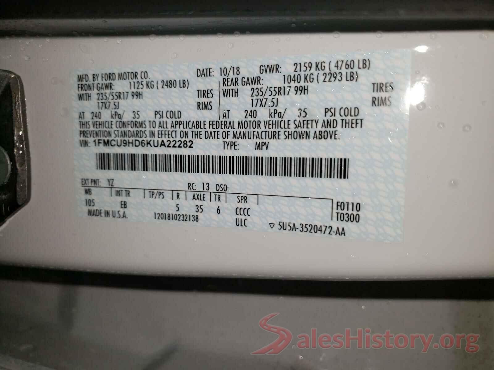 1FMCU9HD6KUA22282 2019 FORD ESCAPE