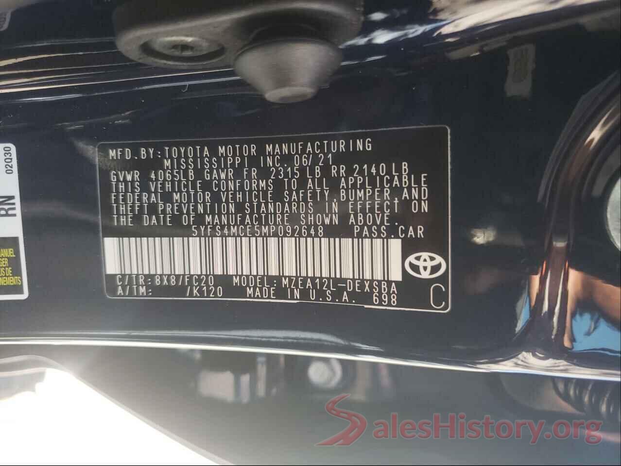 5YFS4MCE5MP092648 2021 TOYOTA COROLLA