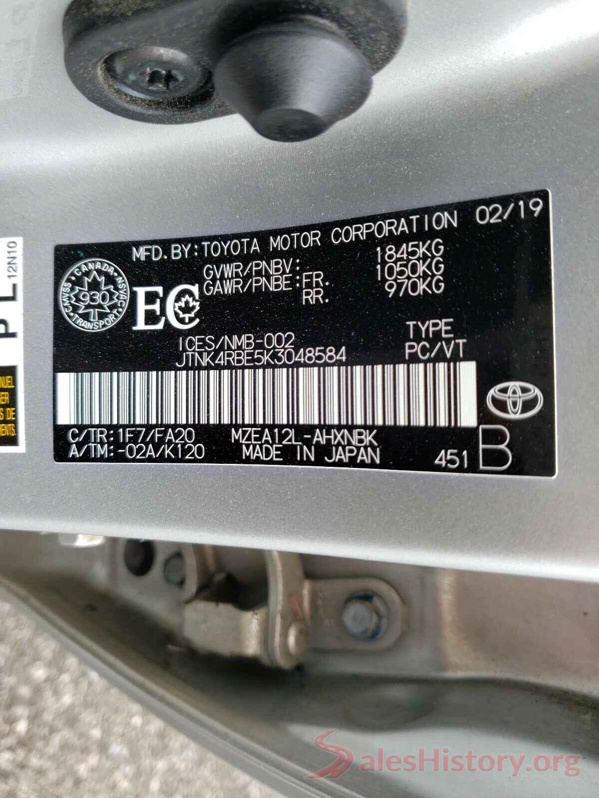 JTNK4RBE5K3048584 2019 TOYOTA COROLLA