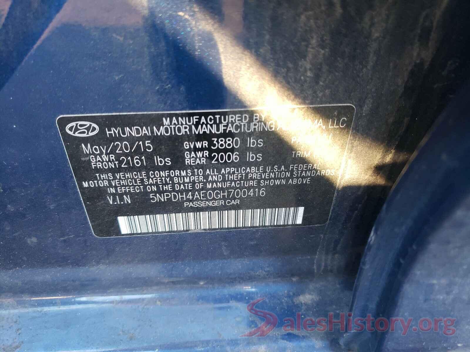 5NPDH4AE0GH700416 2016 HYUNDAI ELANTRA