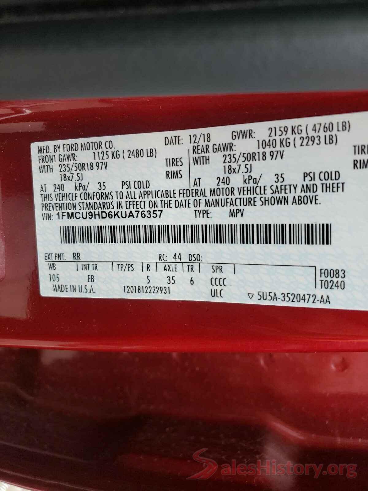 1FMCU9HD6KUA76357 2019 FORD ESCAPE