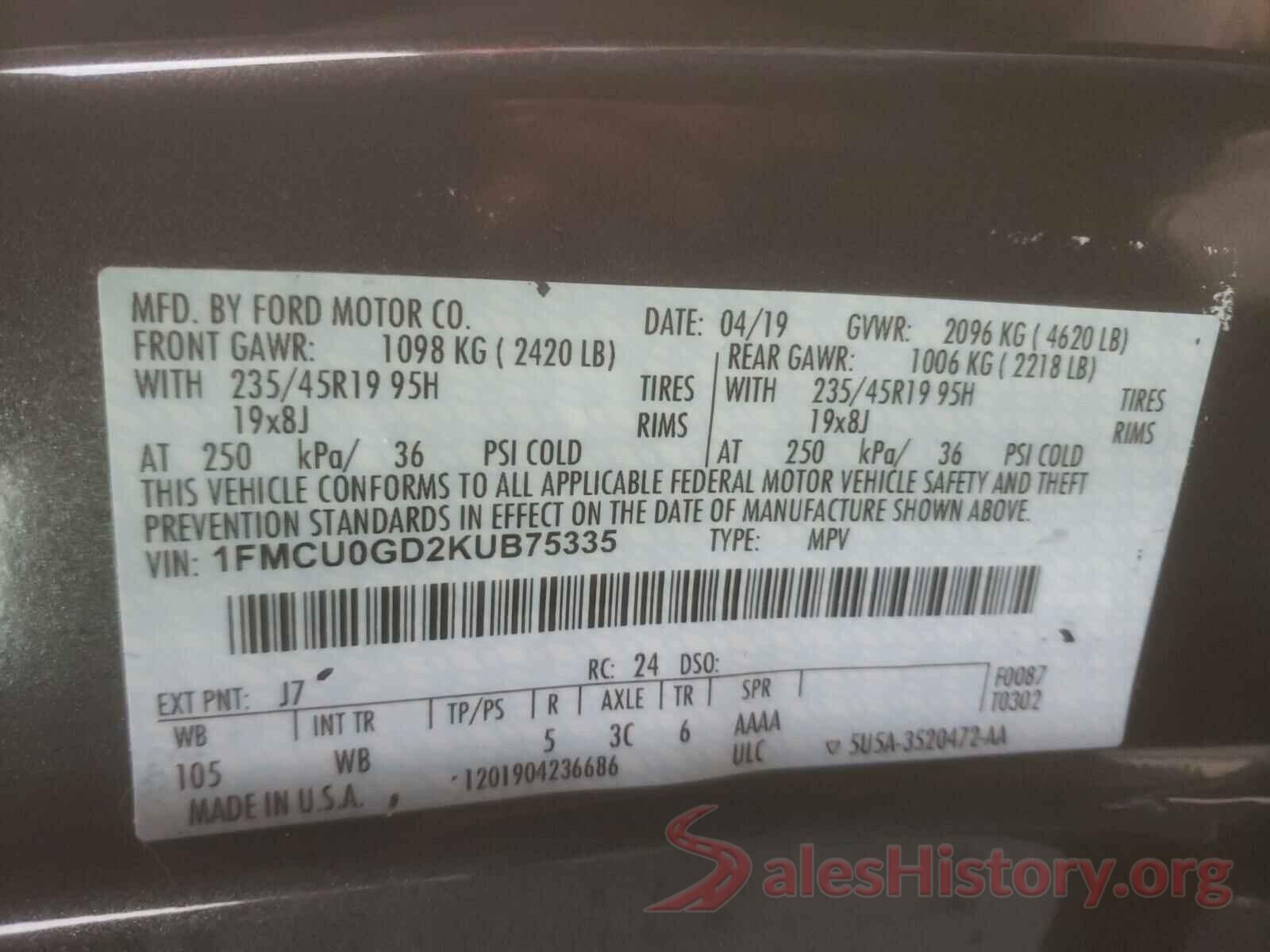 1FMCU0GD2KUB75335 2019 FORD ESCAPE