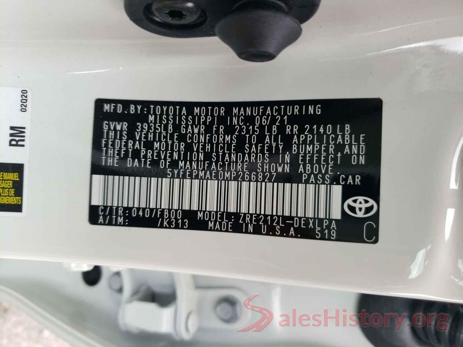 5YFEPMAE0MP266827 2021 TOYOTA COROLLA