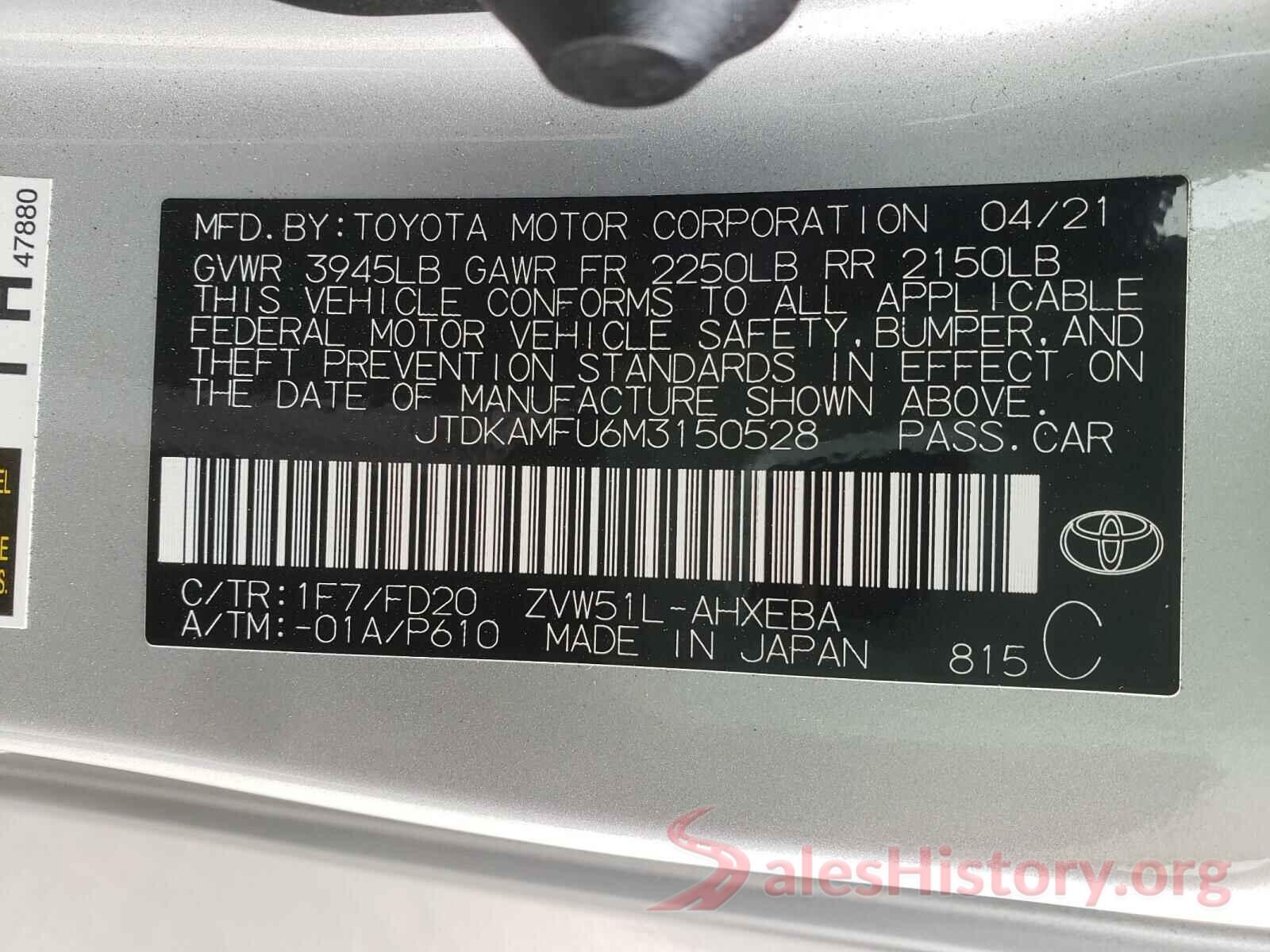 JTDKAMFU6M3150528 2021 TOYOTA PRIUS