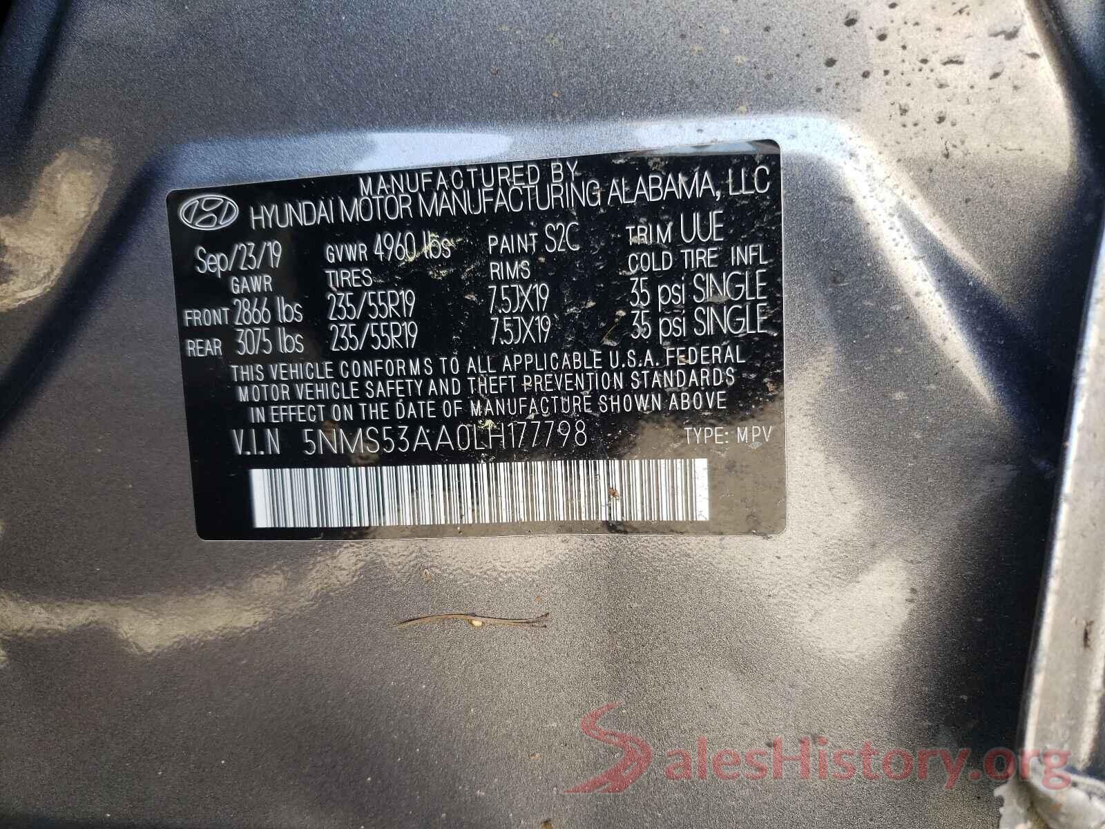 5NMS53AA0LH177798 2020 HYUNDAI SANTA FE