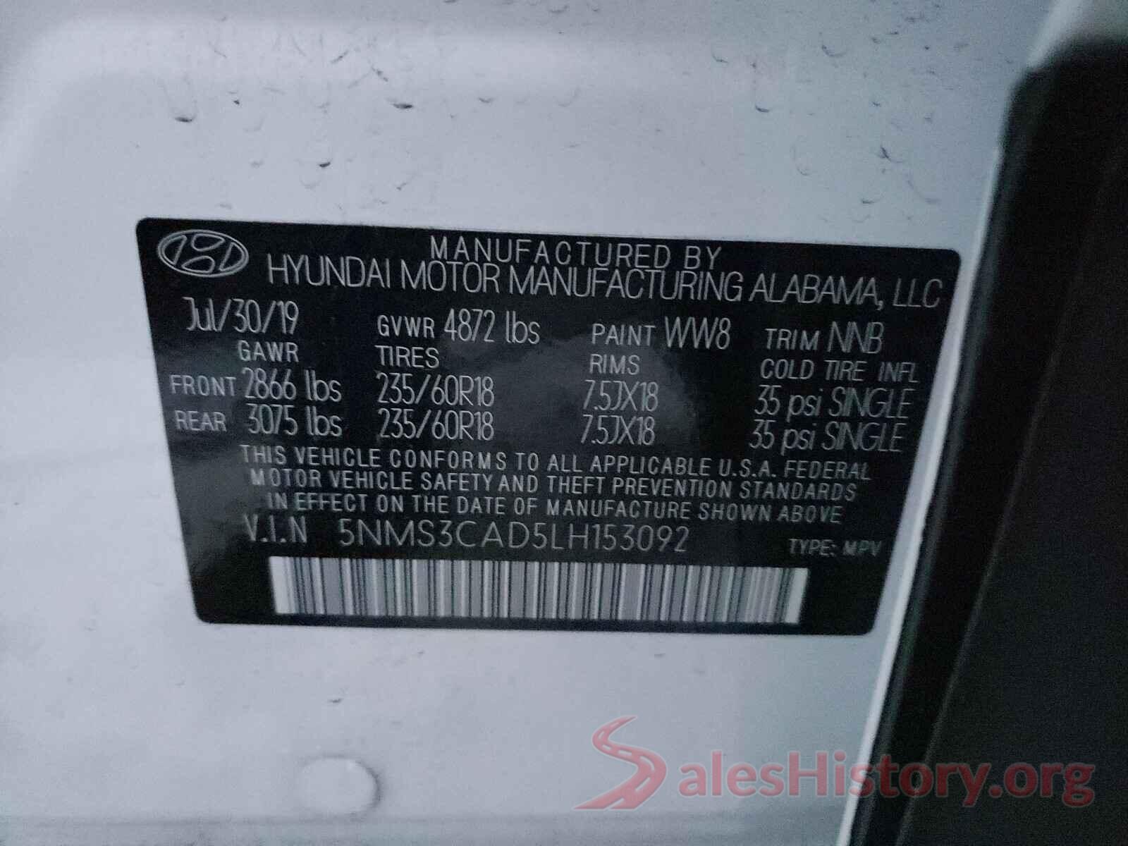 5NMS3CAD5LH153092 2020 HYUNDAI SANTA FE