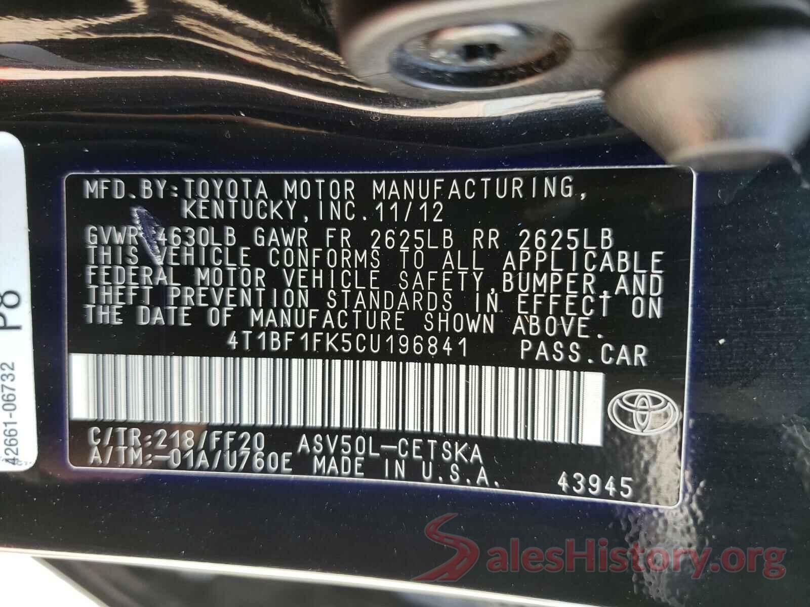 4T1BF1FK5CU196841 2012 TOYOTA CAMRY