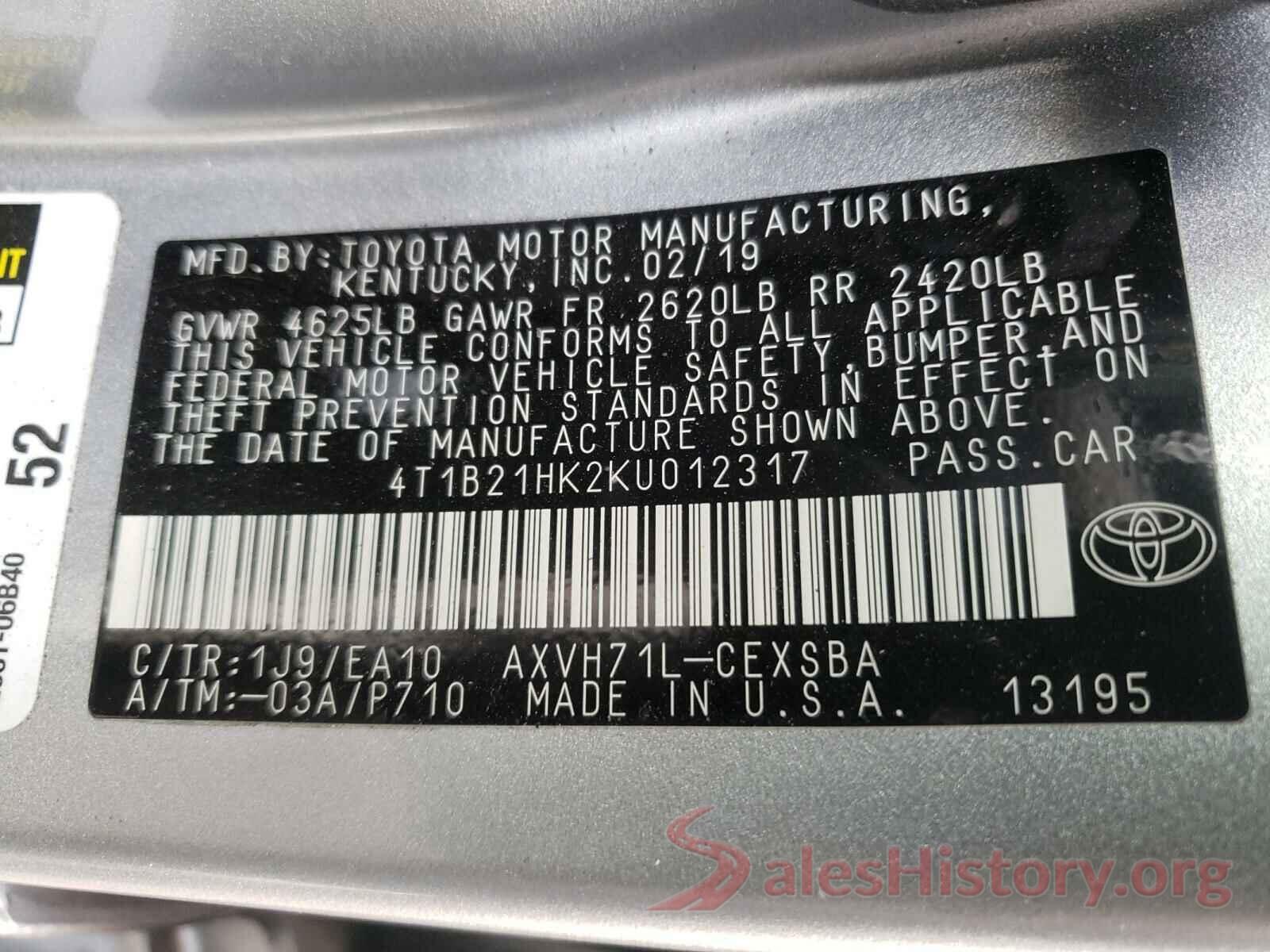 4T1B21HK2KU012317 2019 TOYOTA CAMRY