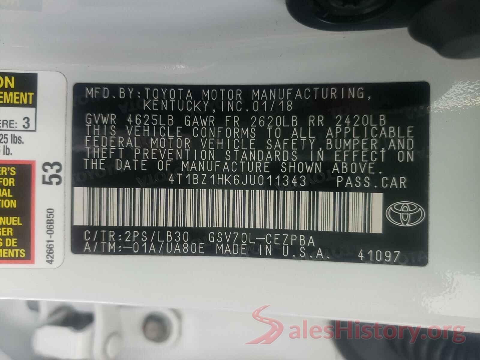 4T1BZ1HK6JU011343 2018 TOYOTA CAMRY